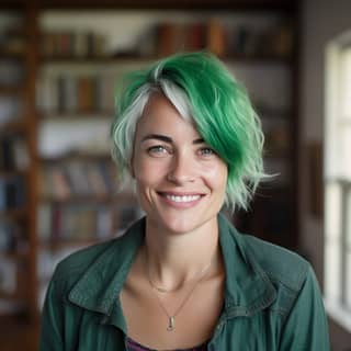 45 year old woman in living room smiling green hair photo 40 mm lens camera low