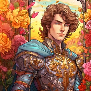 Handsome knight portrait smile colorful coloring book cover, in armor with flowers around him