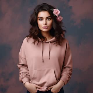 Model with beautiful black or brown hair and woman hoodie mock up rose color
