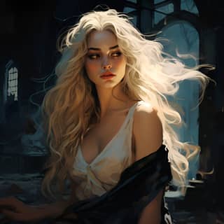 anime character with long blonde hair chic in the style of caravaggesque chiaroscuro meme art grandiose ruins penelope