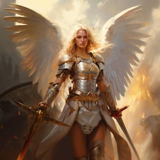 beautiful blonde angel warrior woman roman armor helmet oil painting with digital full body and a sword