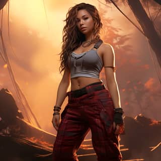 a beefy very muscular woman in a croptop with a flannel design next to tent in forest full body