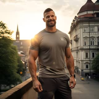 Un culturiste portant un t-shirt gris et un short est debout sur un pont du palais de Wuerzburg, présentant des muscles symétriques pendant l'heure dorée.