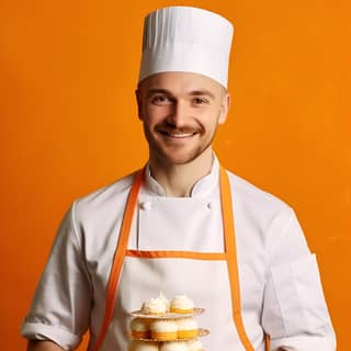 Un alegre joven chef en un uniforme blanco y sombrero sostiene un plato con un pastel, mirando una pared naranja.