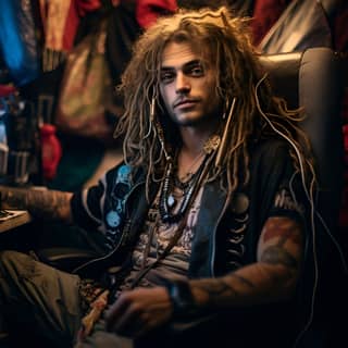 Một DJ 25 tuổi lấy cảm hứng từ cyberpunk với dreadlocks ngồi ở bàn làm việc với một máy tính và mái tóc rối loạn, một pháp sư công nghệ với mái tóc rối và dreadlocks ngồi phía sau của một chiếc xe RV.