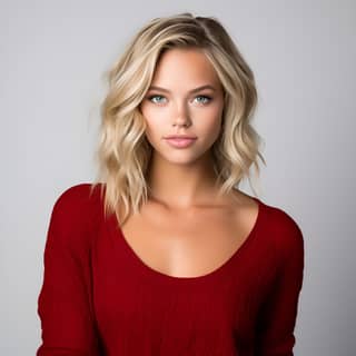 a happy 22-year-old Instagram model with blond hair wearing red sweater