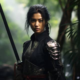 a hyperrealistic foto of anxious looking asian women wearing a classical black japanese samurai plate armor made of dark