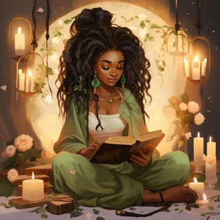 Una donna nera con i capelli all'uncinetto sta leggendo un libro di fronte a una luna piena, creando uno spazio creativo con un ambiente sereno.
