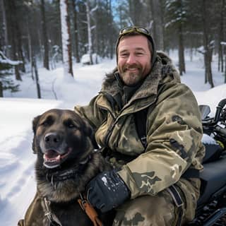 Ein mittelalter Skandinavier sitzt hinter den Lenkstangen eines Schneemobils in einem verschneiten Wald, trägt eine Tarnfarben-Winterjacke und lächelt, während sein Hund hinter seiner Schulter lauert.