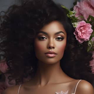 一位留着卷曲头发并戴着花朵的黑人女士，非常适合豪华婚礼杂志。