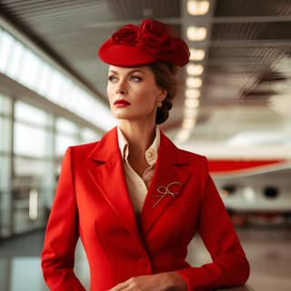 Una donna di 60 anni in un tailleur rosso e cappello è catturata in uno stile urbano moderno.