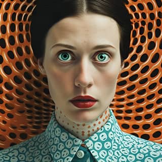 Donna nel poster con sfondo blu. Cartone Op art ultra close-up macro fotografico con uno strano squalo balena.