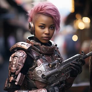 a pretty african woman named Patty Panah with very short pink hair wearing futuristic armor cleaning a rifle hyper realistic