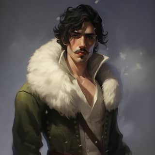 a slim hafling in white fur costume winter short black hair halfling new year costume mustache full body fantasy art