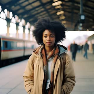 standing at a railway station in Poland a 26 year old Gambian woman of extraordinary beauty natural hair realistic skin