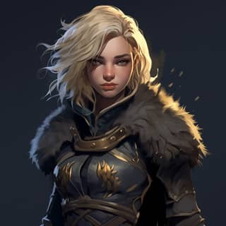 in the style of John Blanche shoulders up wavy shoulder length blonde hair blue eyes lightning scars fur cloak dark grey