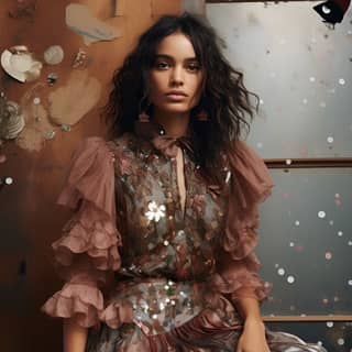 ulla johnson winty fairy full body editorial brunette metallics, in a sequin dress sitting on a chair