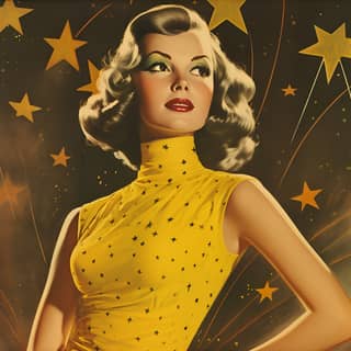 vintage illustration of woman in tight dress bright yellow star color