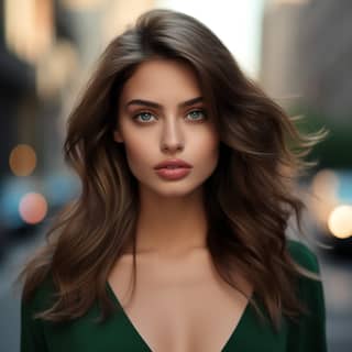 woman with dark green eyes and brown hair brunette high detail of face in the city