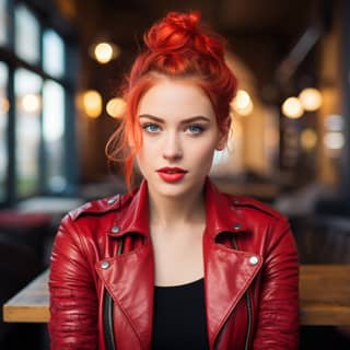Anna é uma mulher bonita, com cabelos vermelhos brilhantes e uma jaqueta de couro em tom de cinza.