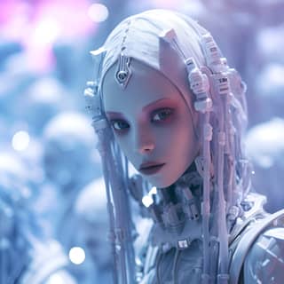 Cybergoth nanopunk ethereal minimalist dream | by Subterfugitive, with long hair and white makeup standing in front of a