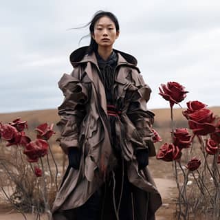Ein asiatisches Model im Arcteryx-Kostüm steht in der Wüste mit verwelkten Rosen am Boden.
