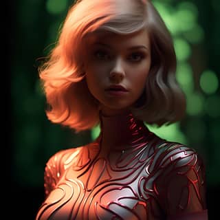 Taylor Swift stands wearing a sleek and form-fitting bodysuit with intricate metallic armor pieces illuminated by intricate