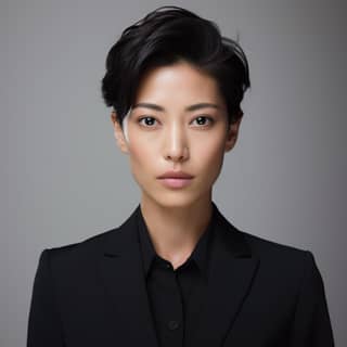 The face of an Asian female approximately 30 years old short hair a neutral expression black suit the face looks very
