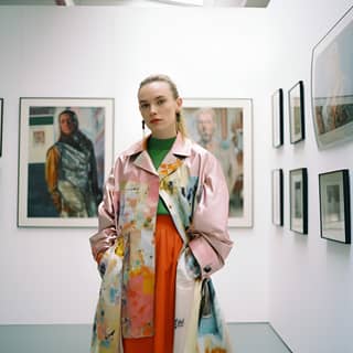 a fashion curator is dressed in brightly coloured clothing She is standing in a light bright gallery space which is flooded