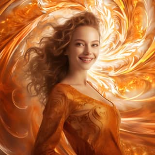 一位长着长卷发的女士微笑站在橙色的涡纹前，背景是明亮的晨光和普奇图案。