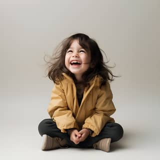 a healthy happy girl laughing aged 5-6 with long black hair sitting on the floor wearing thin coat