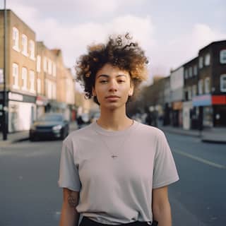 Stoke Newington, Londra'da güneşli bir sokakta duran kıvırcık saçlı karışık ırklardan bir kadın.