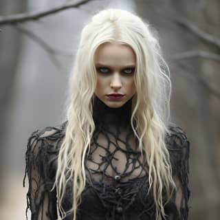 she winter goth gothic winter scenery, in a black dress standing in the woods