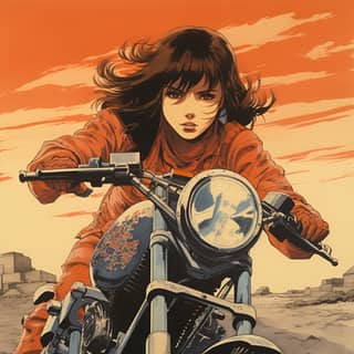 still from a 1980 japanese manga about a women motorcycle rider