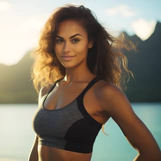 Mannequin de fitness de 24 ans portant un haut de soutien-gorge de sport debout sur la plage de Bora Bora en 2023 avec le soleil projetant une lueur chaude sur la texture détaillée de sa peau.