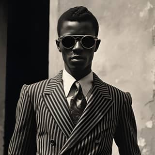 African fashion male 1950s photographic, in a striped suit and sunglasses