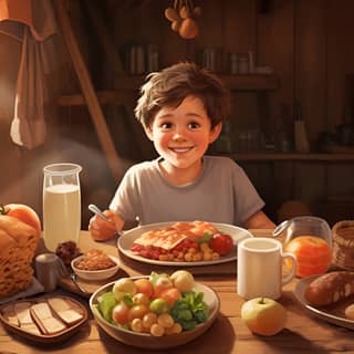 Create illustrative depiction of a 7 year boy is having a health breakfast with his parents Breakfast menu is vegetable