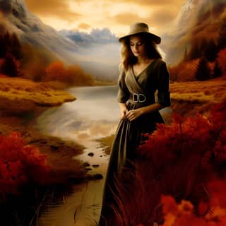 Seorang wanita dalam baju panjang dan topi berdiri di tepi sungai dengan latar belakang.