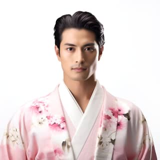 Jeune homme japonais beau dans un kimono avec un motif de fleur, studio de portrait d'idole Jonnys Entertainment.