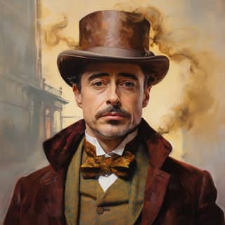 Robert Downey Jr as Sherlock Holmes, in a top hat and suit