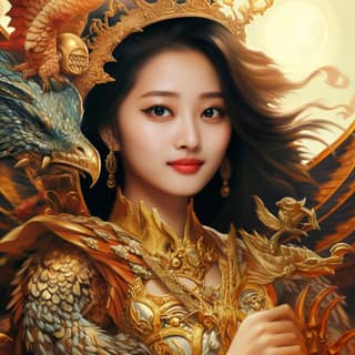 穿着华丽服饰的美丽越南女子，翅膀上细致的金色图案，背景飞翔的龙。