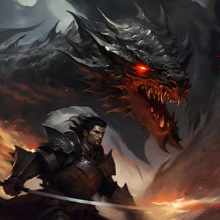 black dragon, in armor with a sword and a dragon