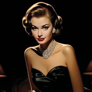 in a black dress sitting down in the style of glamorous pin-ups arthur sarnoff contrasting lights and darks dignified poses