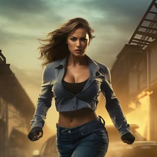 Eine muskulöse Urban-Fantasy-Frau mit geformten Schultern und atemberaubenden Kurven, die eng anliegende Kleidung trägt, rennt in einer filmischen Kampfszene durch die Stadt.