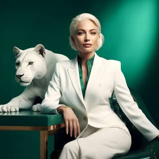 Una potente donna d'affari in un completo bianco assume con sicurezza una posa con una tigre bianca e una pantera.