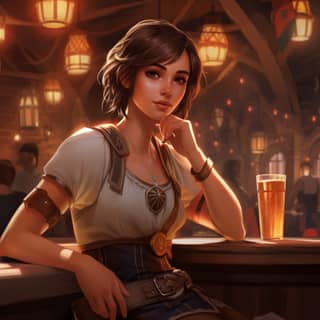 a cute girl bard with tanned skin in a tavern short hair fantasy