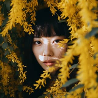 Le visage d'une jeune femme japonaise mignonne peut être vu à travers un buisson jaune, avec une peau et des traits du visage hyper-détaillés.