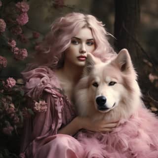 Mujer con vestido rosa y un perro blanco en un entorno de bosque de fantasía con el rostro magullado.