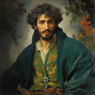 full body portrait middle eastern wizard in a structured blue ornate coat bright green eyes medium length wavy hair scruffy