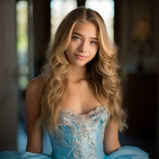 Uma atraente adolescente caucasiana de 15 anos, com cabelos loiros, compridos e ondulados, e olhos azuis brilhantes, está usando um grande e elegante vestido de quinze anos.